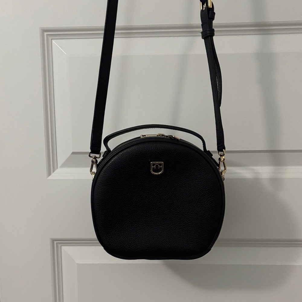 Furla Dotty Black w/gold accents Leather Crossbody small Bag top handle designer - Picture 2 of 14